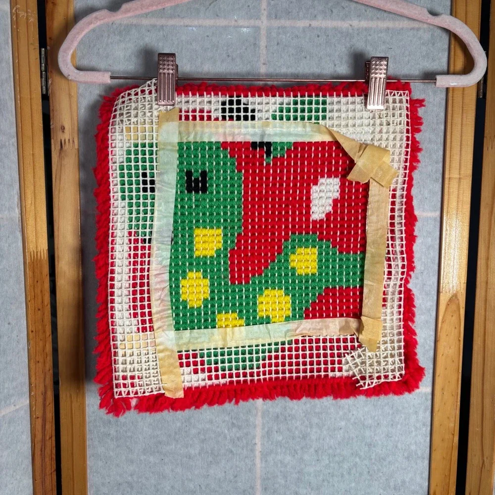 Vintage Latch Hook Wall Hanging‎ Apple Worm Green Red Yellow Kids Decor Pillow
