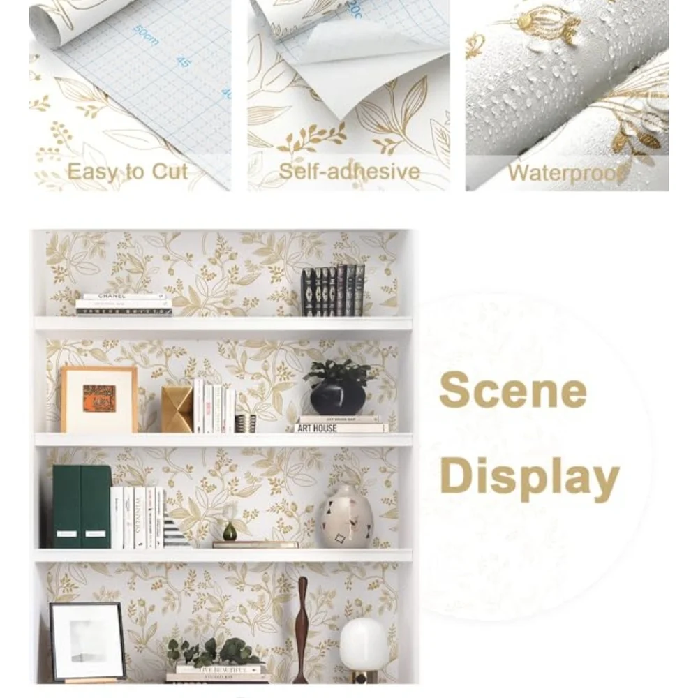 4‎ Rolls Floral Wallpaper Peel and Stick White and Gold Contact Paper Modern