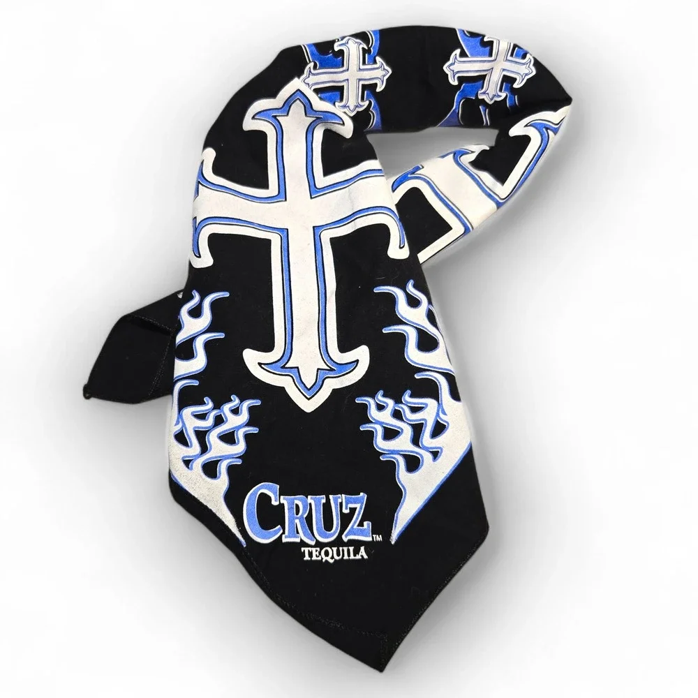Cruz Tequila Bandana Biker Flames Cross Goth Grunge Jesus Y2K Black Blue White‎