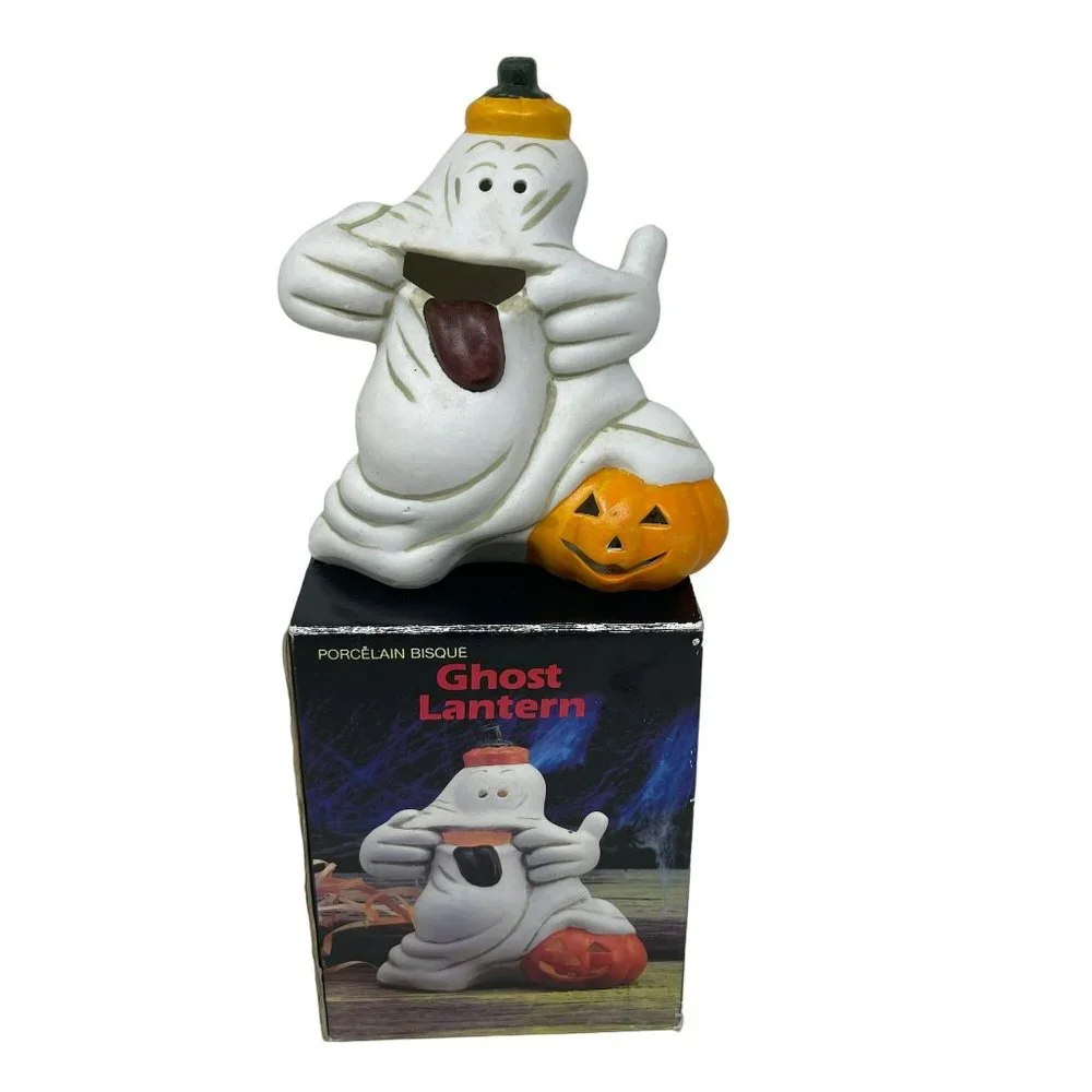 Vintage Ceramic Porcelain Bisque Halloween Ghost‎ Lantern Tealight Candle Holder