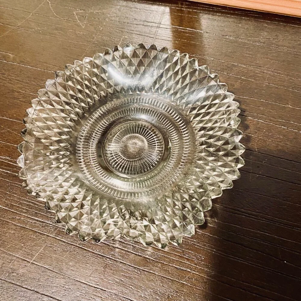 Vintage Indiana Glass Smoke Diamond‎ Point Wavy Design Candy Dish MCM 7