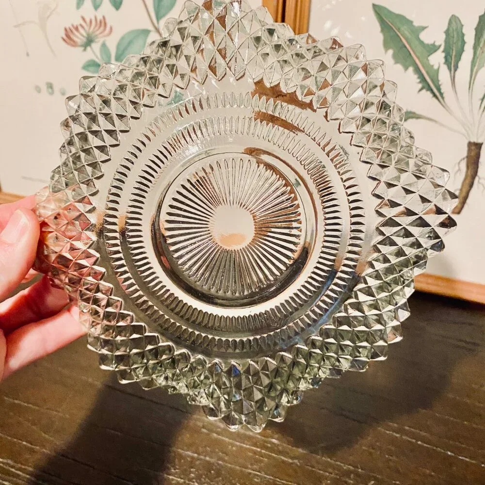 Vintage Indiana Glass Smoke Diamond‎ Point Wavy Design Candy Dish MCM 7