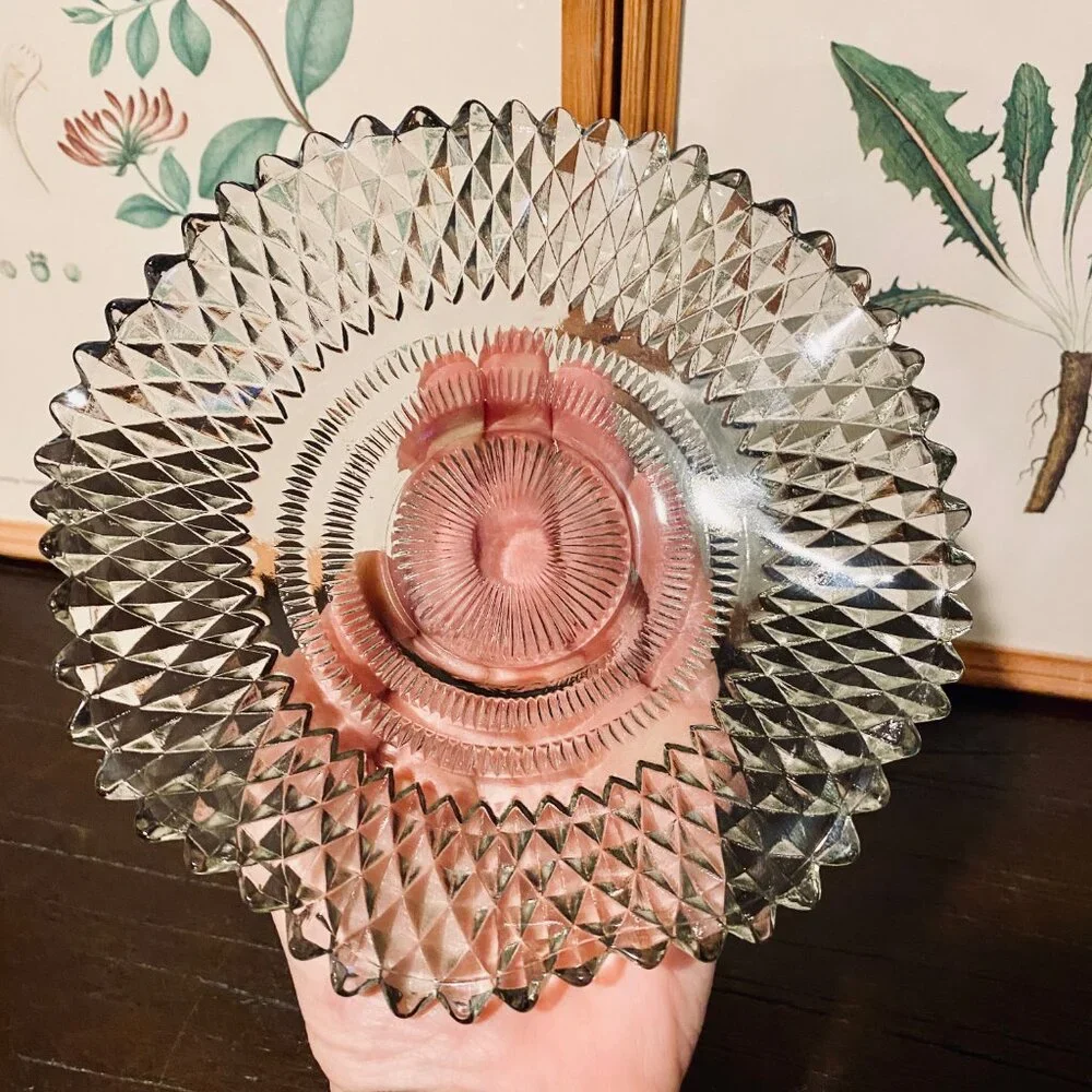 Vintage Indiana Glass Smoke Diamond‎ Point Wavy Design Candy Dish MCM 7