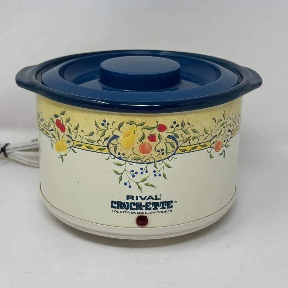 Rival Crock-Ette 1 Qt Stoneware Slow Cooker Fruit Pattern Blue Model Vtg Kitchen