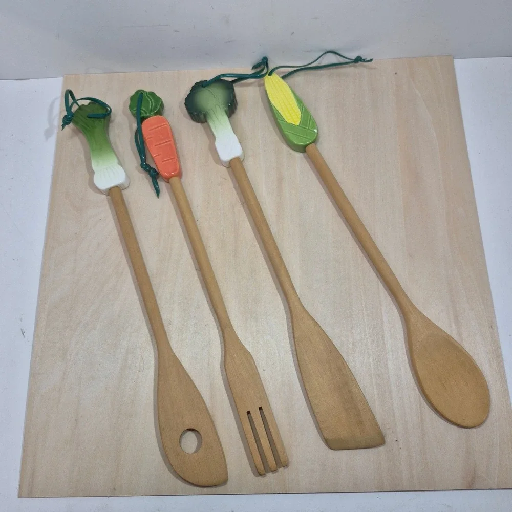 Set‎ of 4 Wooden Kitchen Utensils with Ceramic Vegetable Handles
