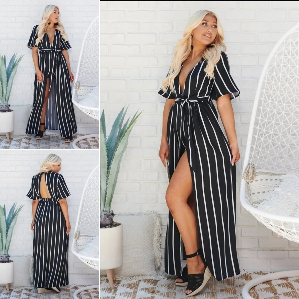 Black White Striped Maxi Dress Romper S Plunge Tie Waist Open Back