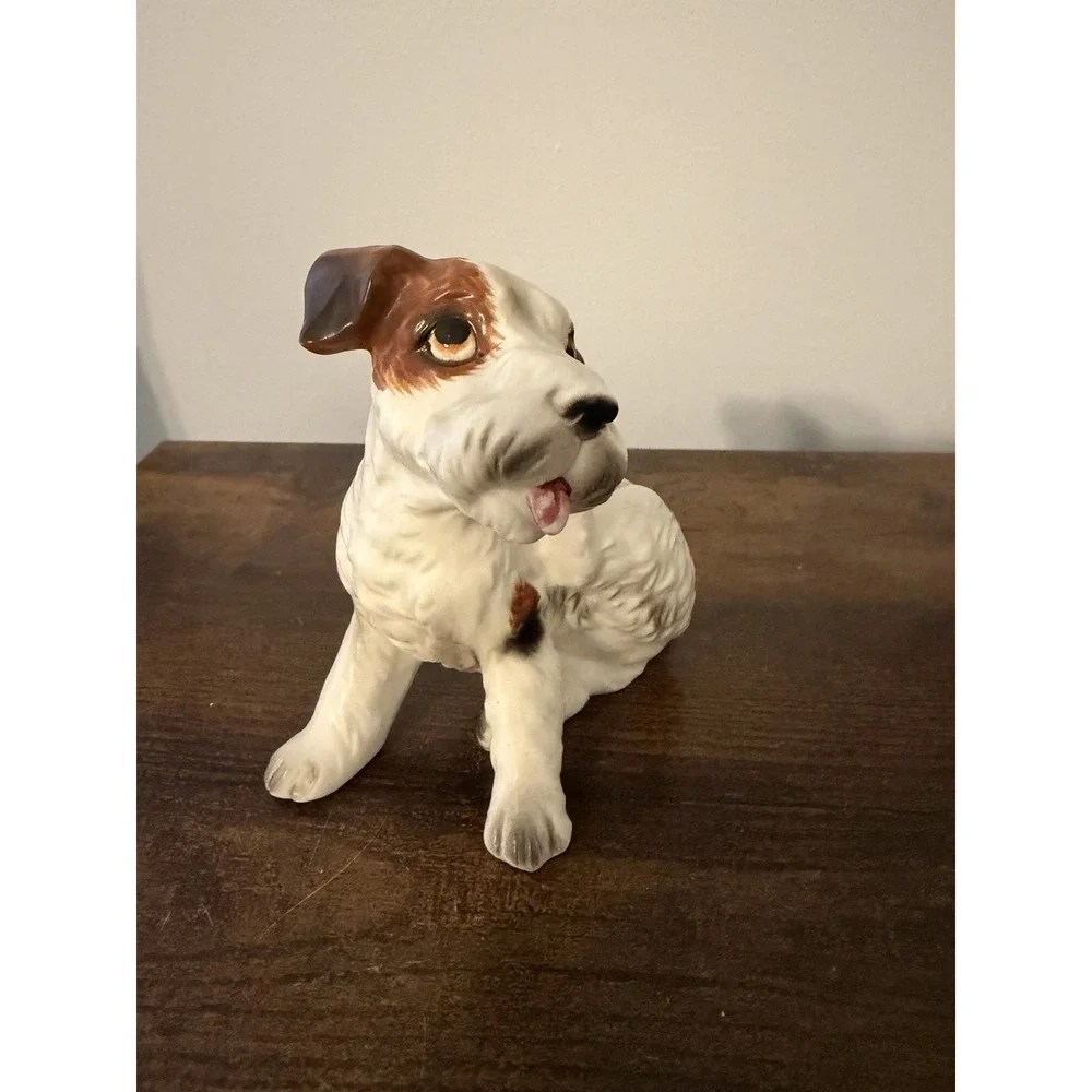 Vintage Terrier Puppy Dog Figurine Porcelain Ceramic Brown White Tongue Out 4