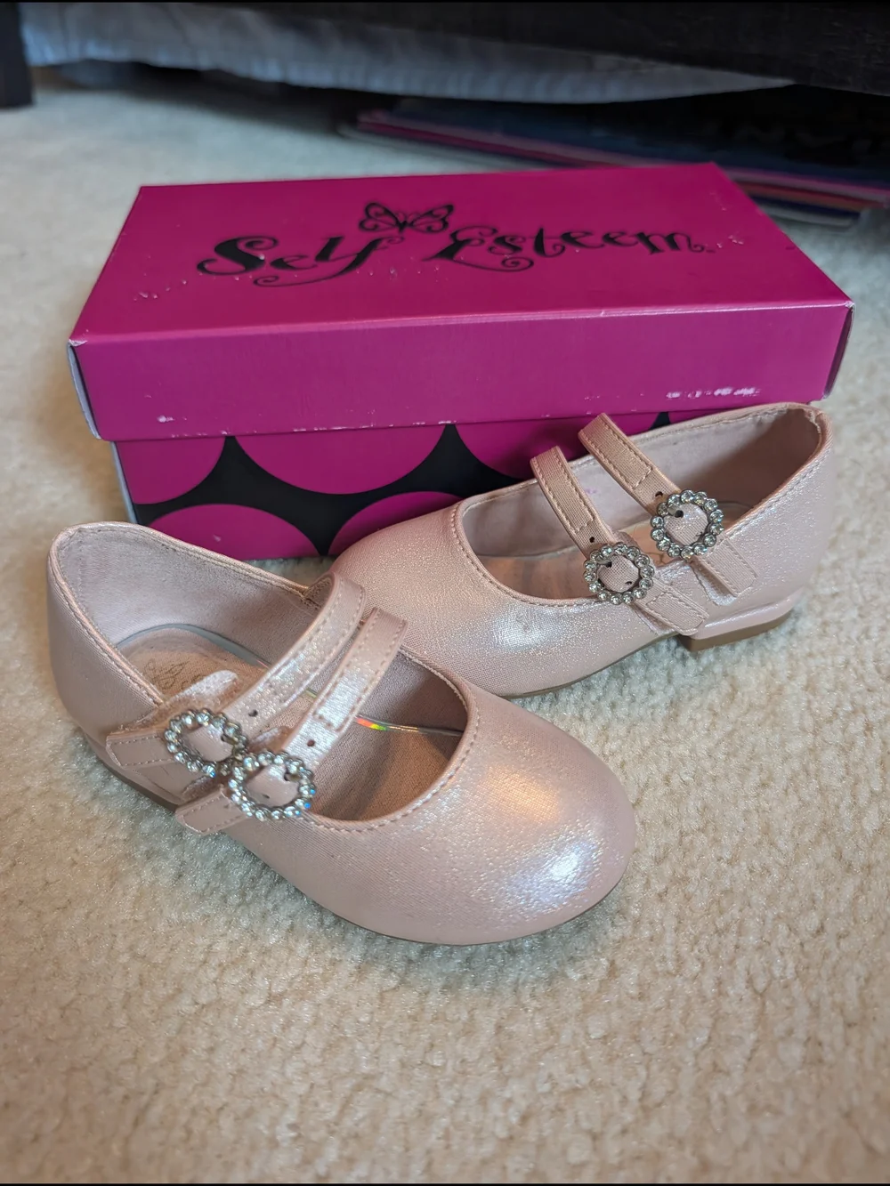 Rose gold pink shiny metallic 2 velcro strap ballerina flats shoes toddler sz 6