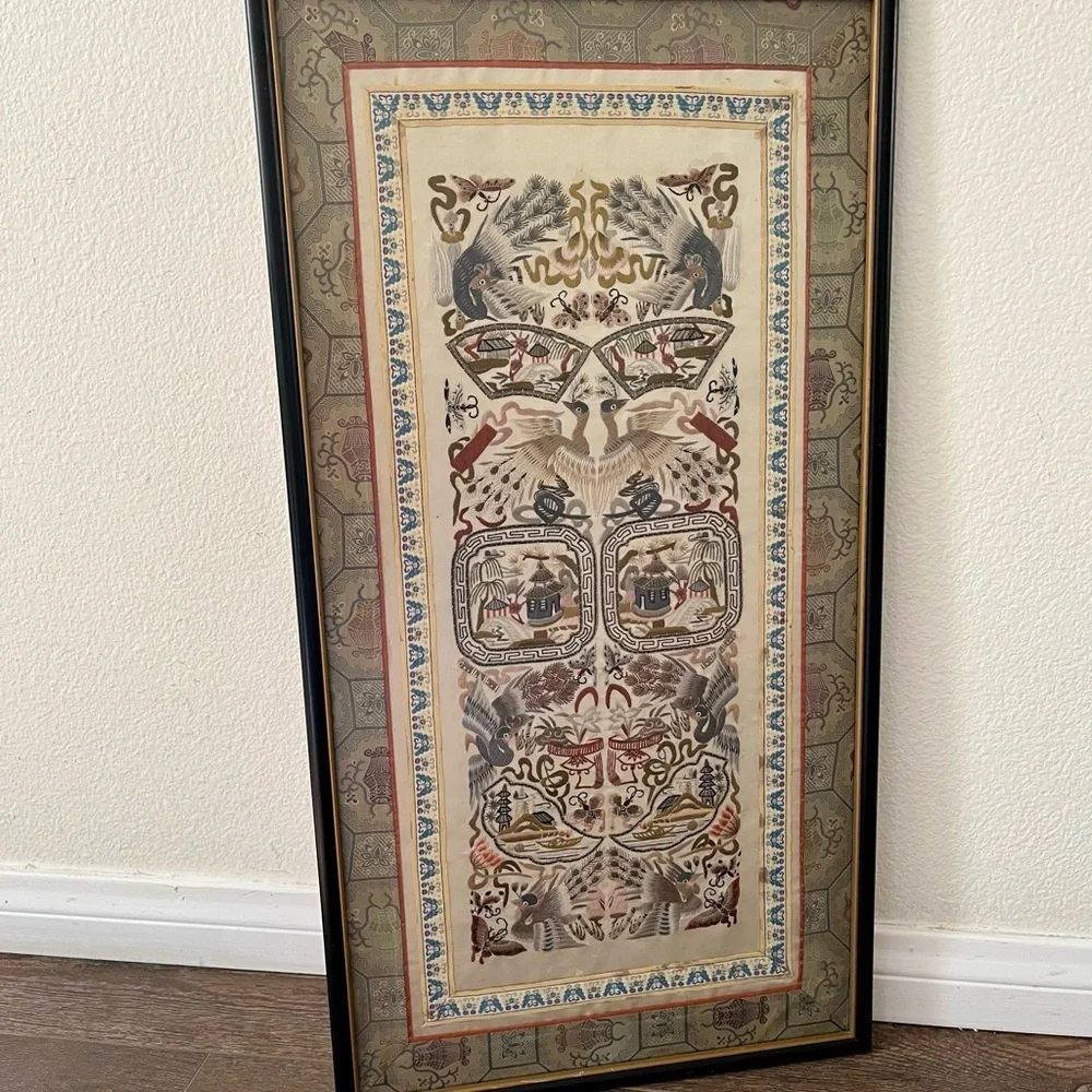 Vintage Chinese Silk Embroidery Panel 26x13