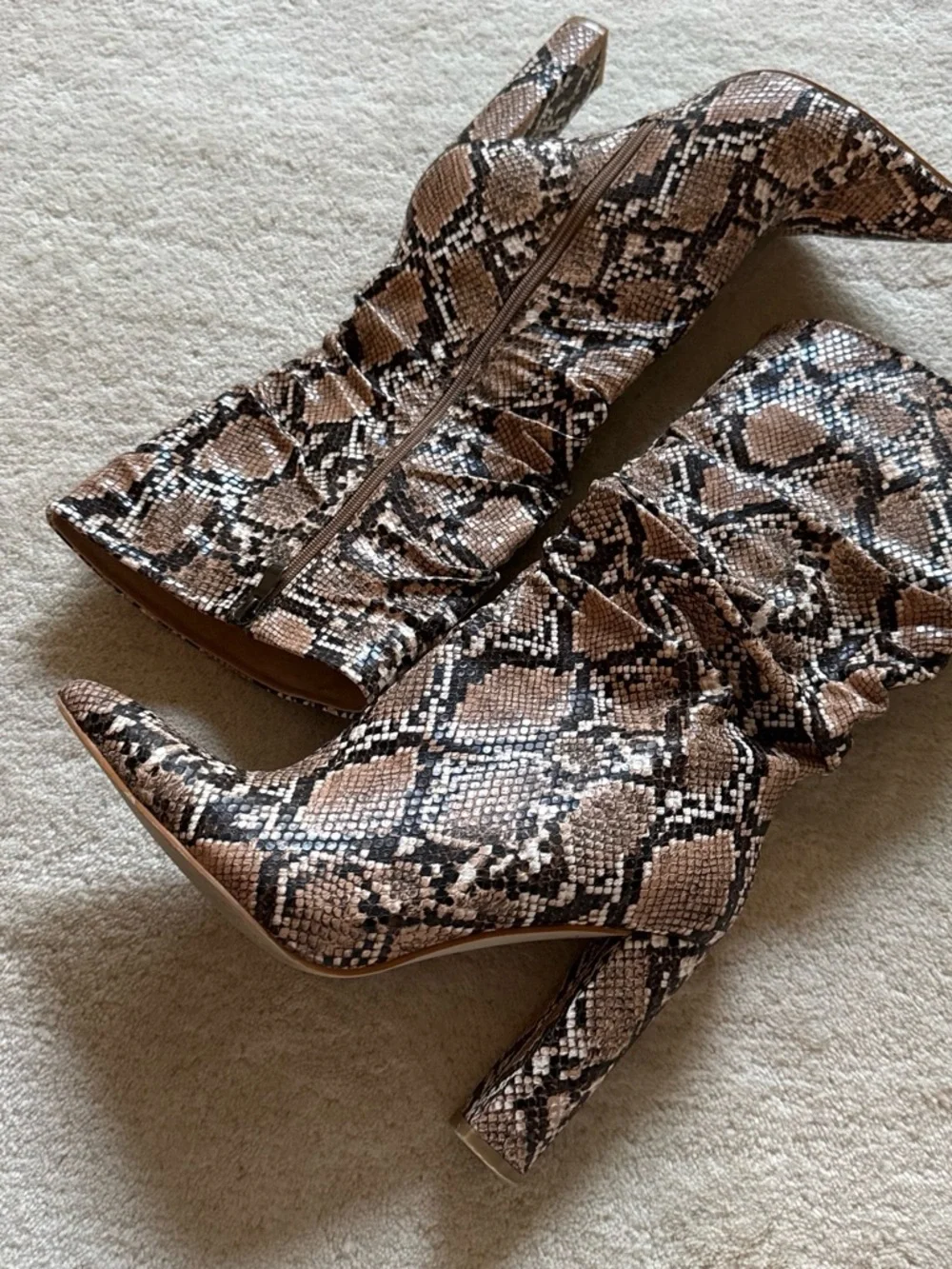 Women's Over-the-Knee Pointed Toe Snake-Print Boots in Brown