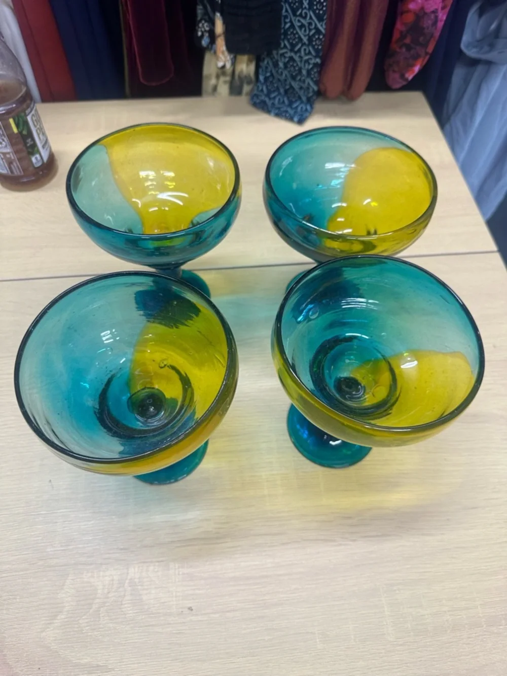 Crate & Barrel Salud Azul Blue, Green & Yellow Ombre Margarita Glasses Set 4