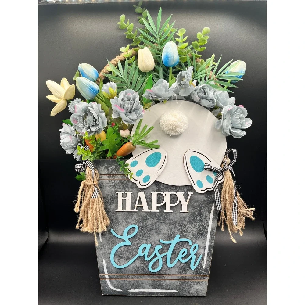 Happy Easter Bunny Bucket Wall Decor Floral Rustic 20.5