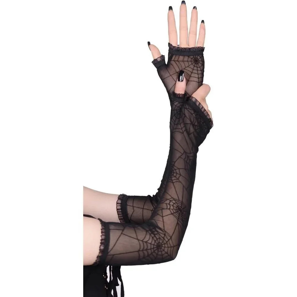 Women's Halloween Black 4 Dress Fingerless Spider Gothic Playing Lace Gloves