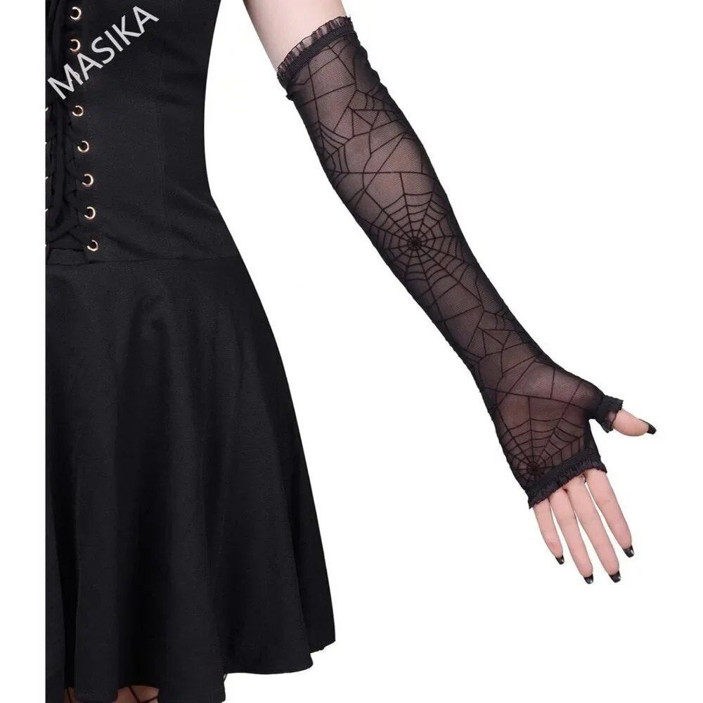 Women's Halloween Black 4 Dress Fingerless Spider Gothic Playing Lace Gloves