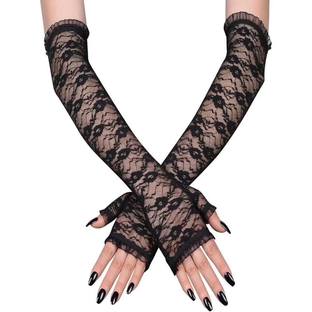 Women's Halloween Black 3 Dress Fingerless Spider Gothic Playing Lace Gloves