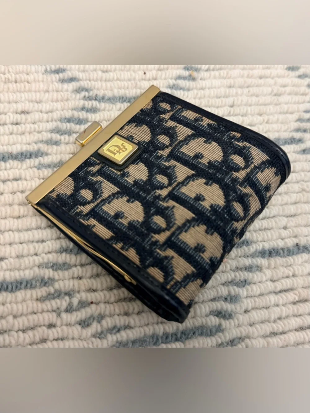 DIOR Vintage Rare Blue Trotter Monogram Canvas Kiss Lock Coin Purse W/ Gold