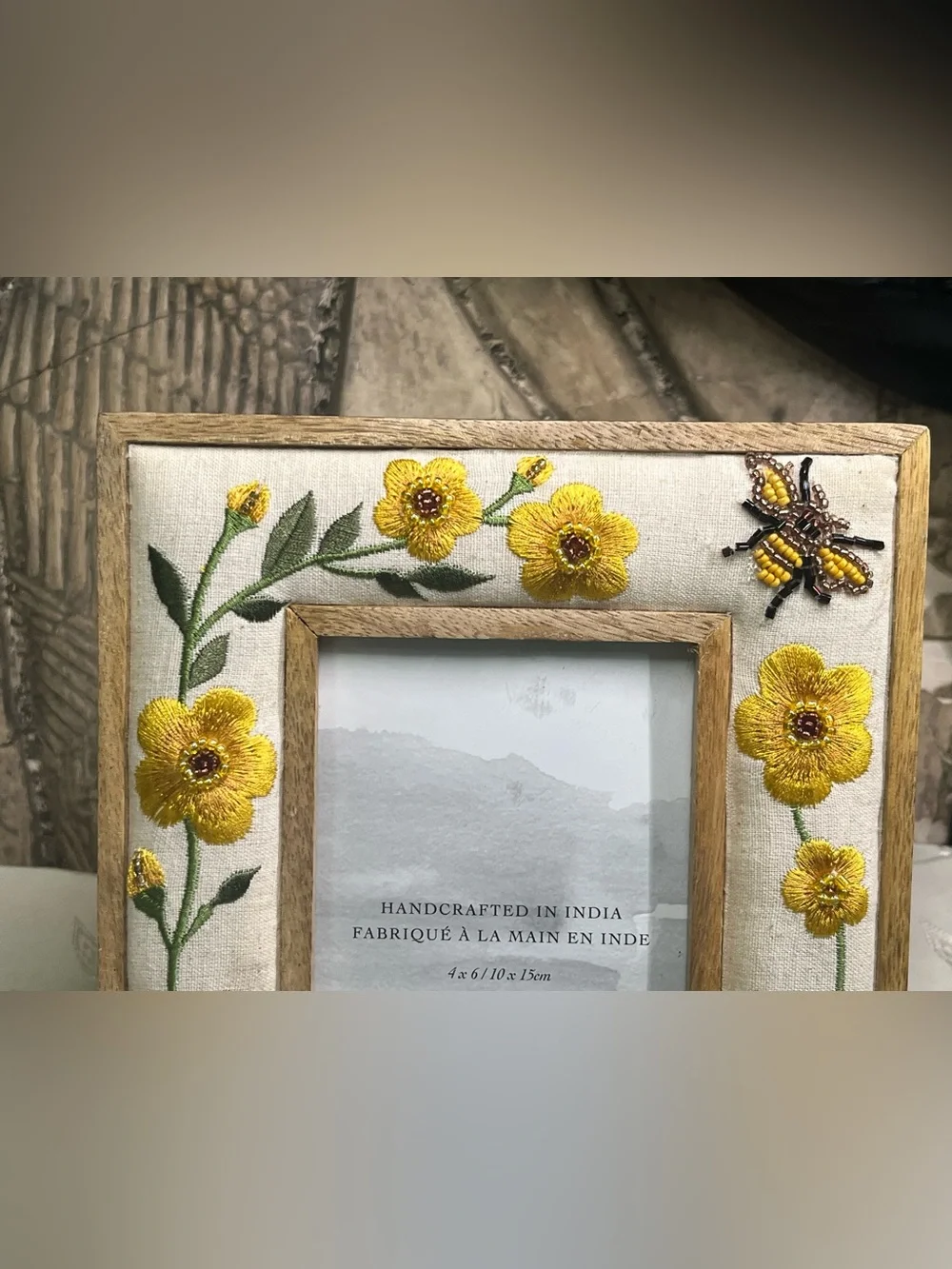 Handcrafted Embroidered Beaded Flower & Bumblebee 4”x6” Photo Picture Frame