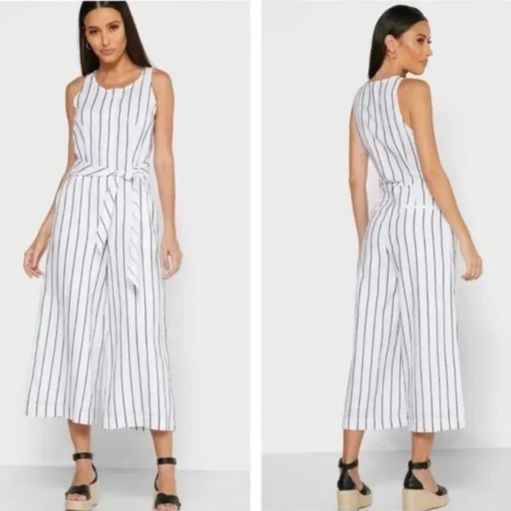 Banana Republic White Striped Wide Leg Linen Jumpsuit Sz 2P Sleeveless Coastal