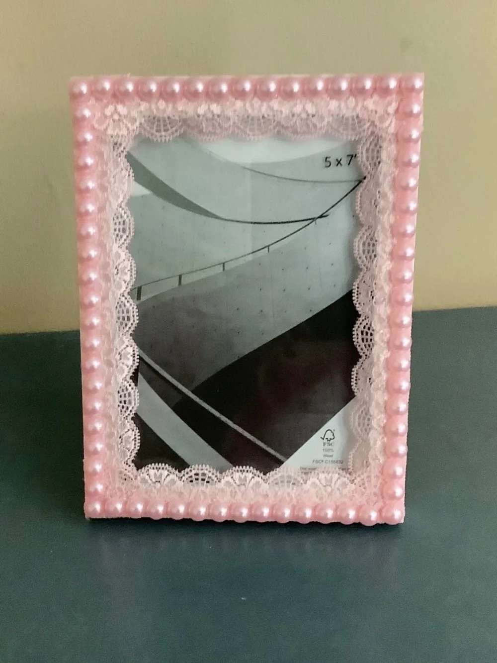5x7 pink vintage crochet lace and pink pearl frame