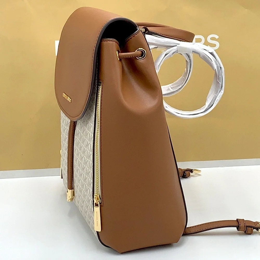 MICHAEL KORS PHOEBE MEDIUM DRAWSTRING BACKPACK VANILLA/ BROWN SIGNATURE COLOR