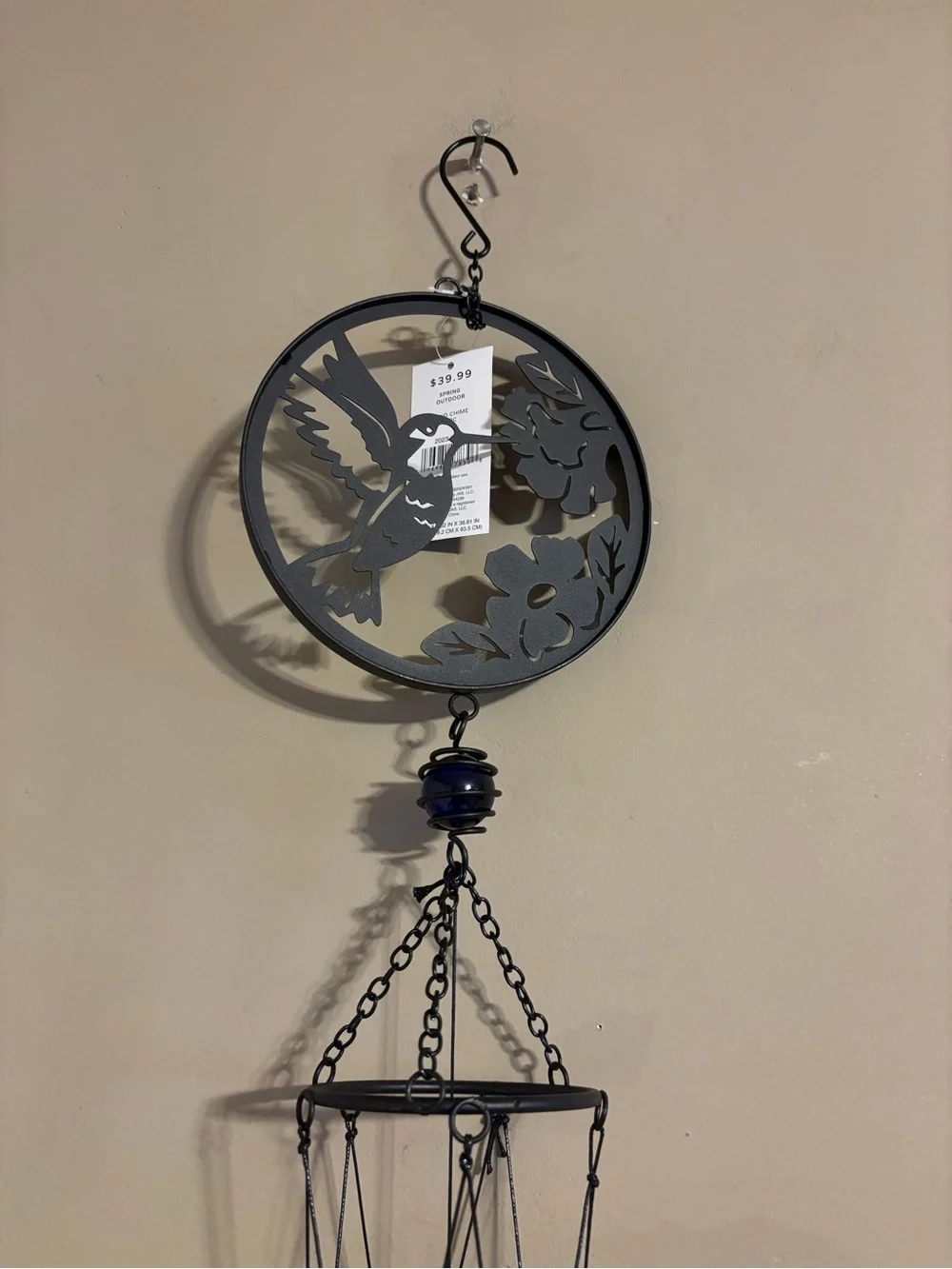 New Outdoor Metal Hummingbird Wind Chime - Black w/ Blue Glass Ball, 40” long