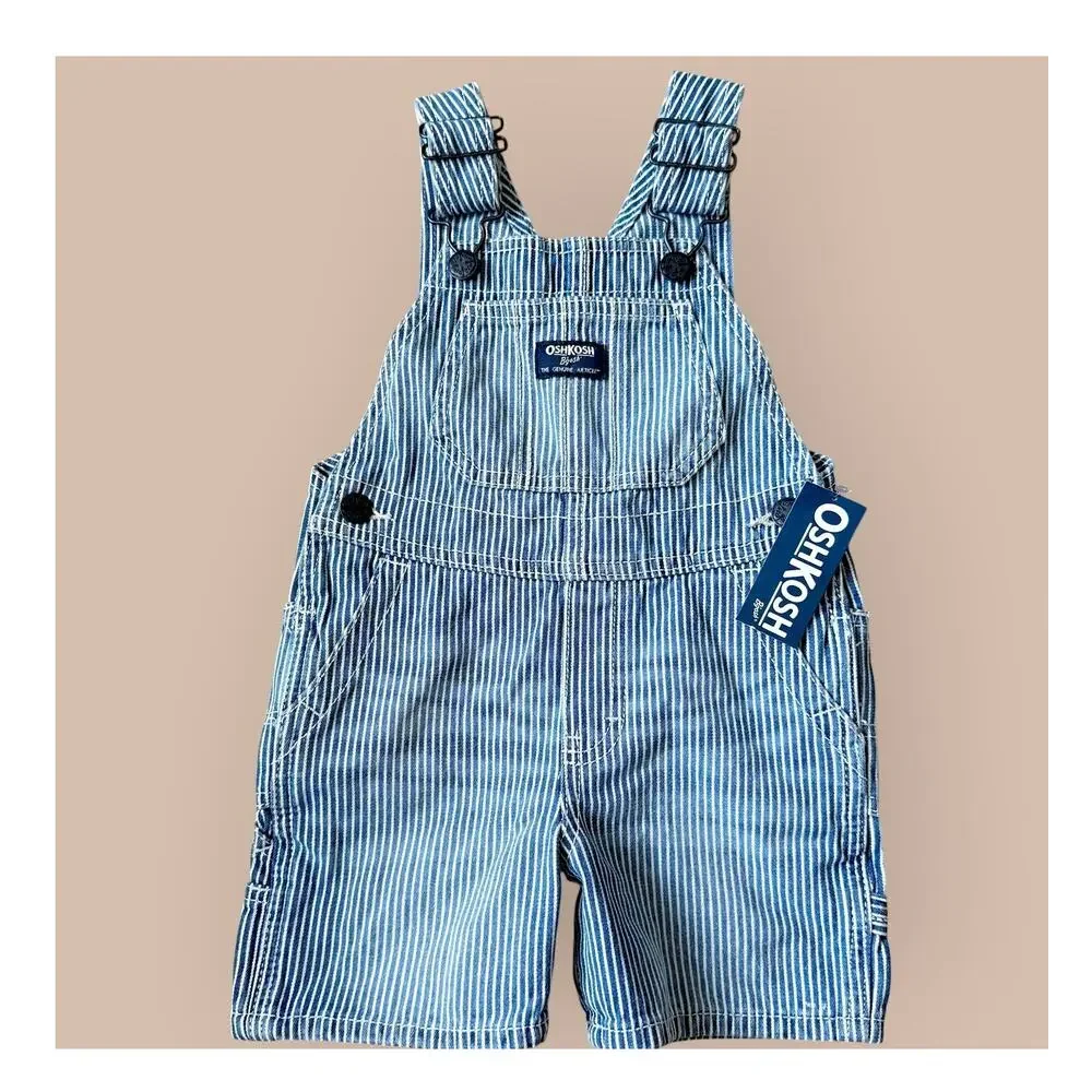 OshKosh B'gosh Railroad Striped Bib Shortalls Overalls Unisex 2T Blue White New