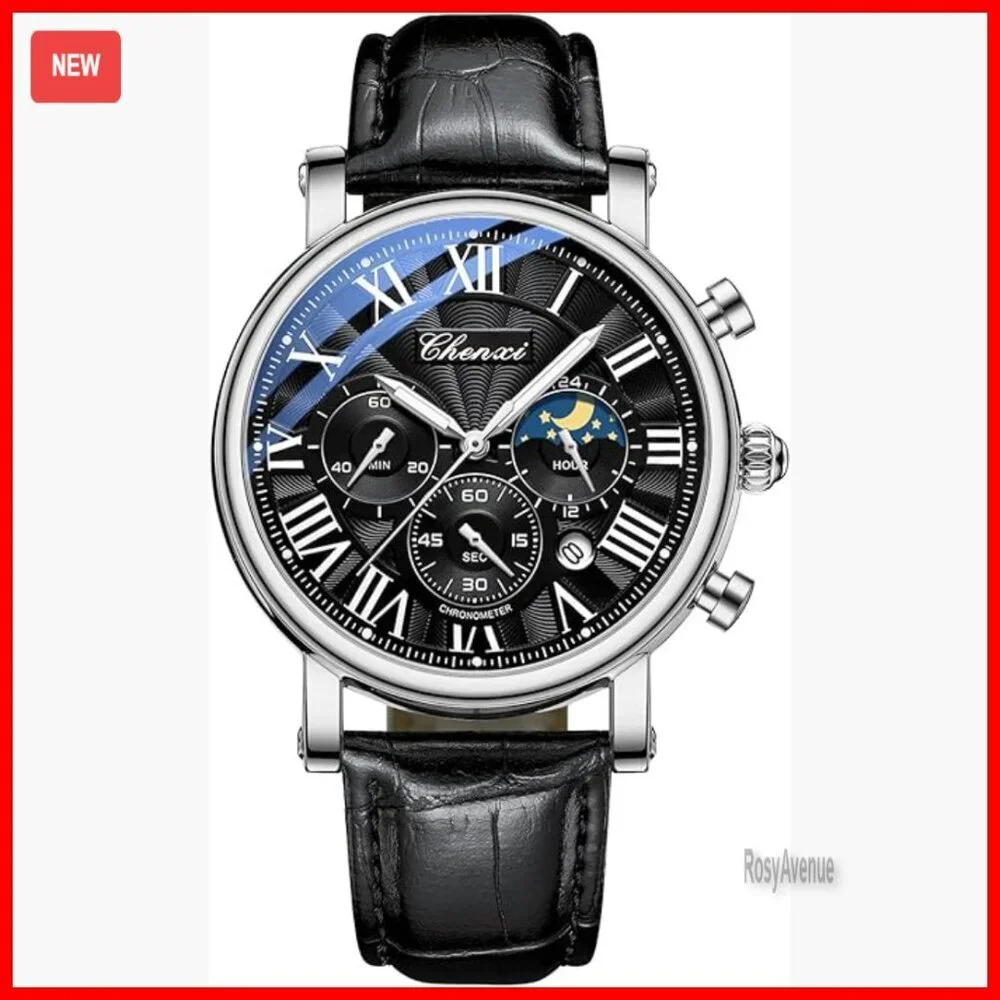 Men's Multifunctional Military Watch Leather Strap Chronograph Waterproof
