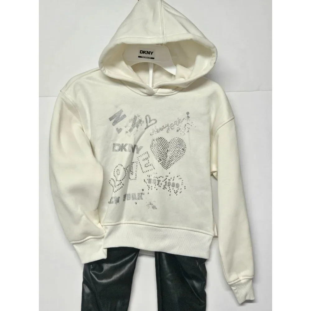 DKNY Girls Size 5 2 Pc Outfit, Sparkling Stone Like Hoodie,‎ Leather Like Pants