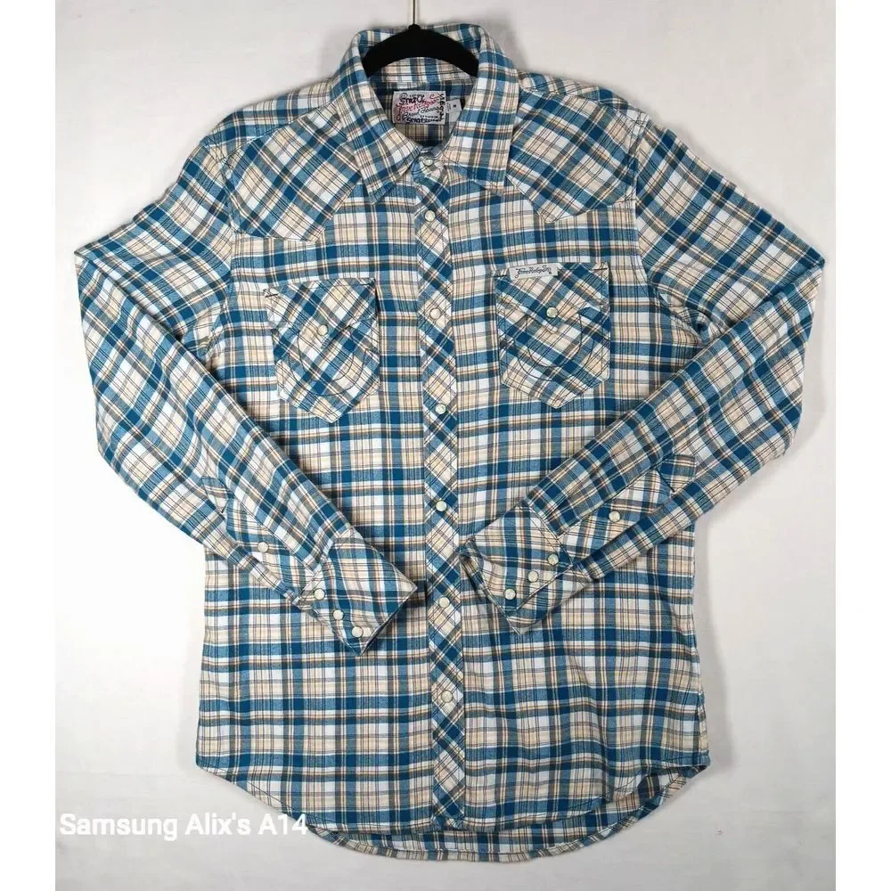 True Religion Men's Western‎ Pearl Snap Plaid Long Sleeve Shirt Horseshoe Medium