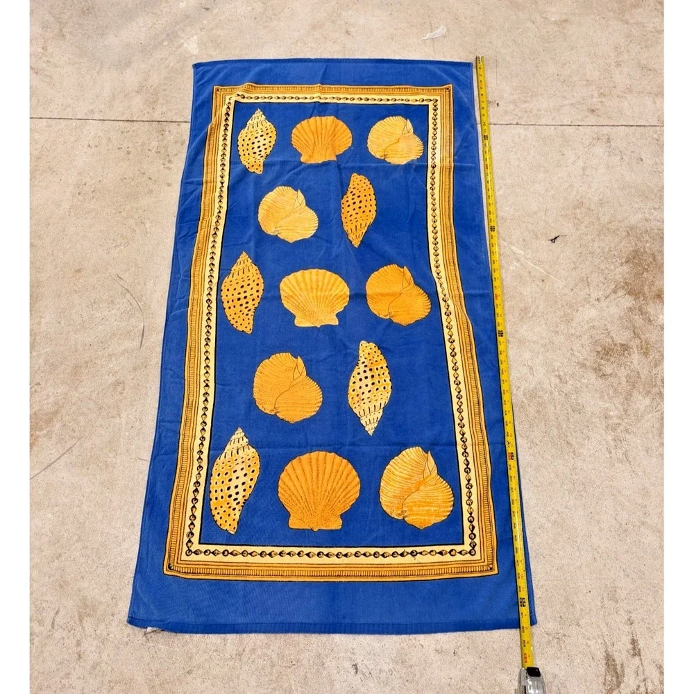 Vintage Davidson Cotton Company Seashell Beach Bath Towel Blue Yellow 62x33