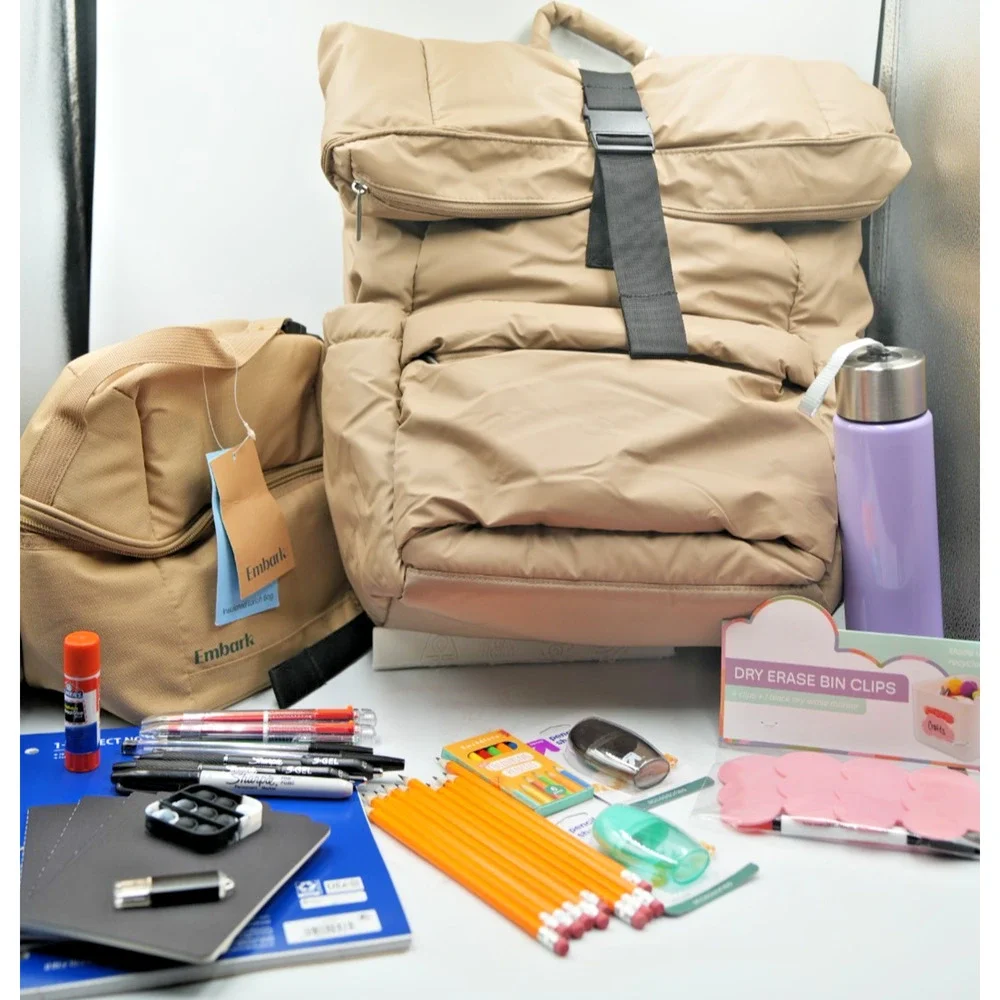 Tan Puffer Backpack Bundle with Embark‎ Lunchbox and 25+ Back to School Items