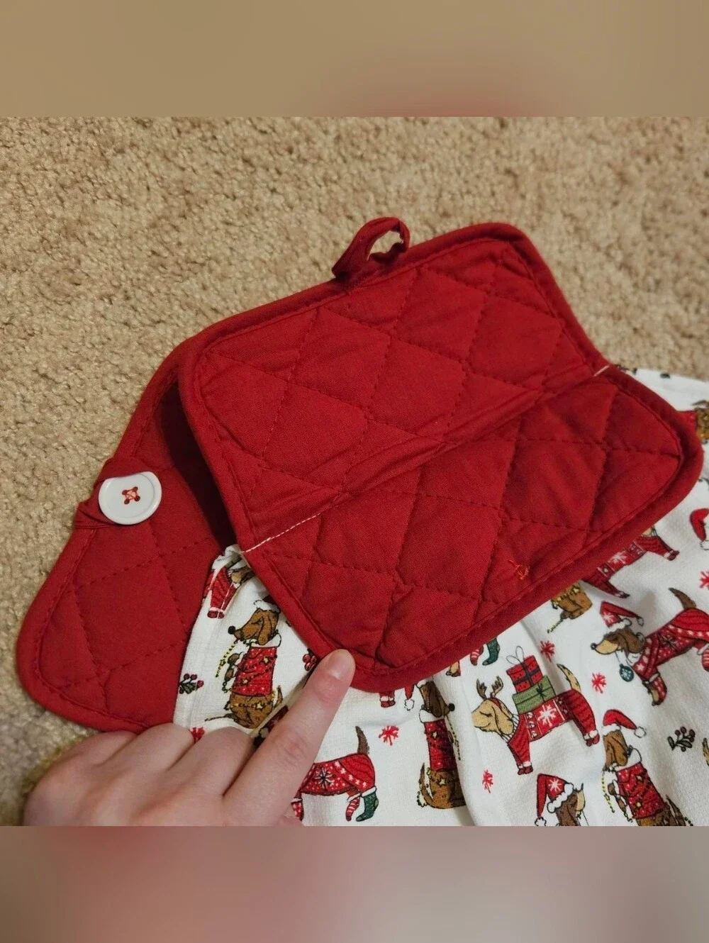 2 Handcrafted Towels Attached To Potholders | Christmas | Dog Print