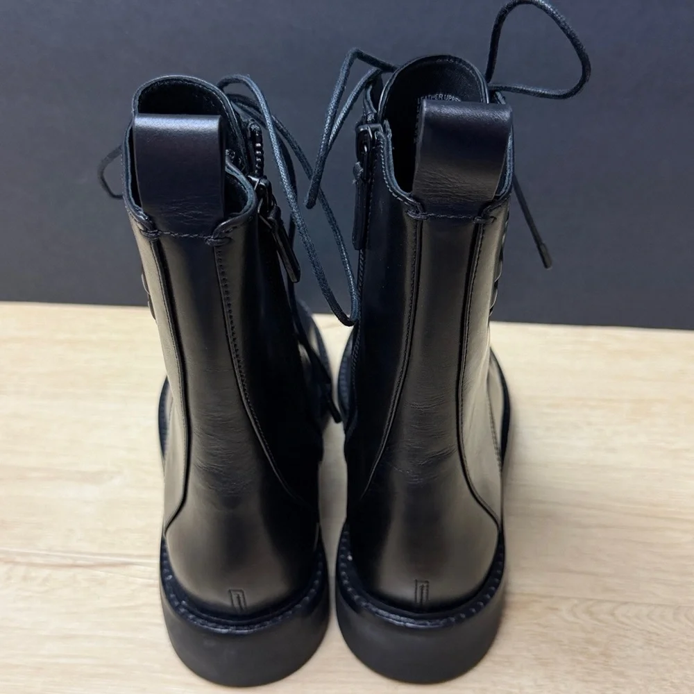 Tory Burch Black Embossed Logo Leather Lace-Up Boots, SIZE 8