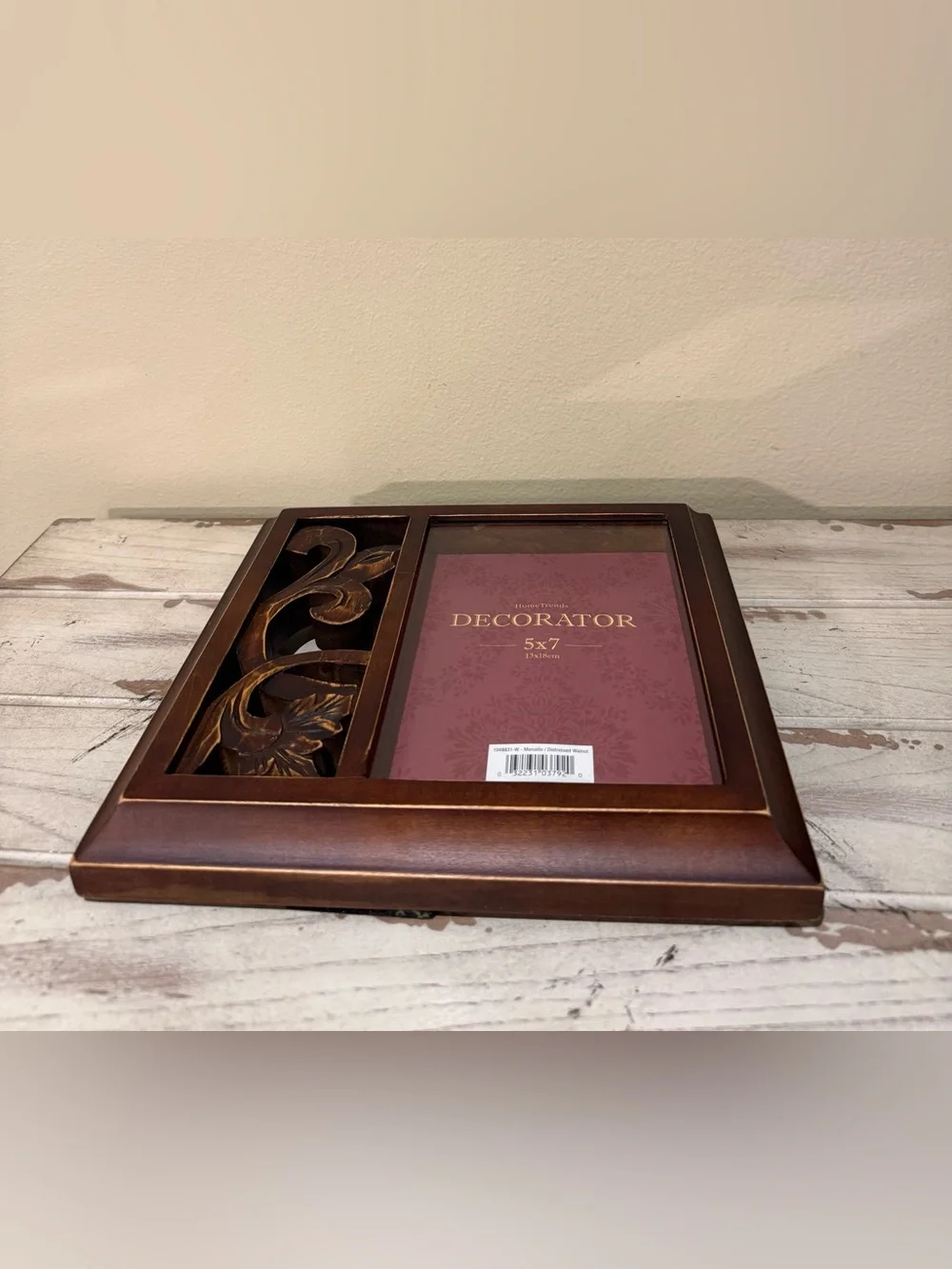 HomeTrends Marcello Distressed Walnut 5x7 Photo Frame with Carved Wood Accent
