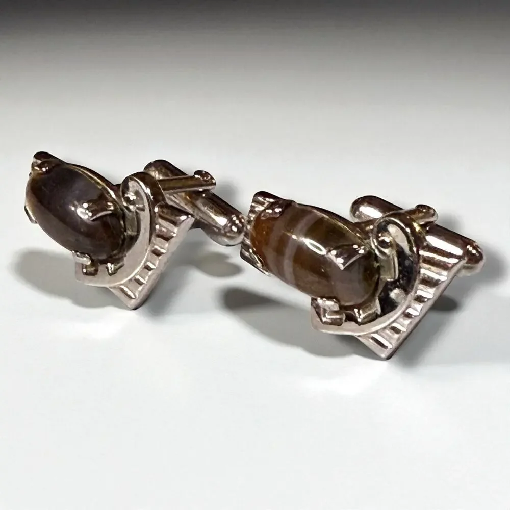 Vintage Anson Cufflinks Mens Silver Tone Brown Glass Art Deco Bullet Back