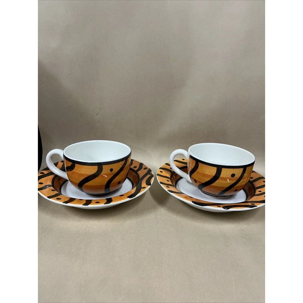 Set of  4 Pier 1 Hand Painted‎ ITALY Orange  Black Soup Bowls & Extra Big Mugs