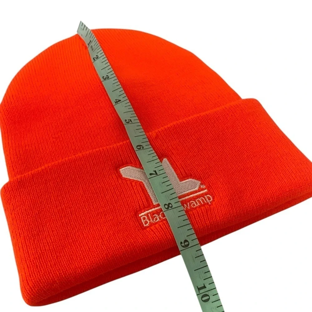 BLACK‎ SWAMP - NEON ORANGE BEANIE HAT CAP - WHITE EMBROIDERY PRINT - B10