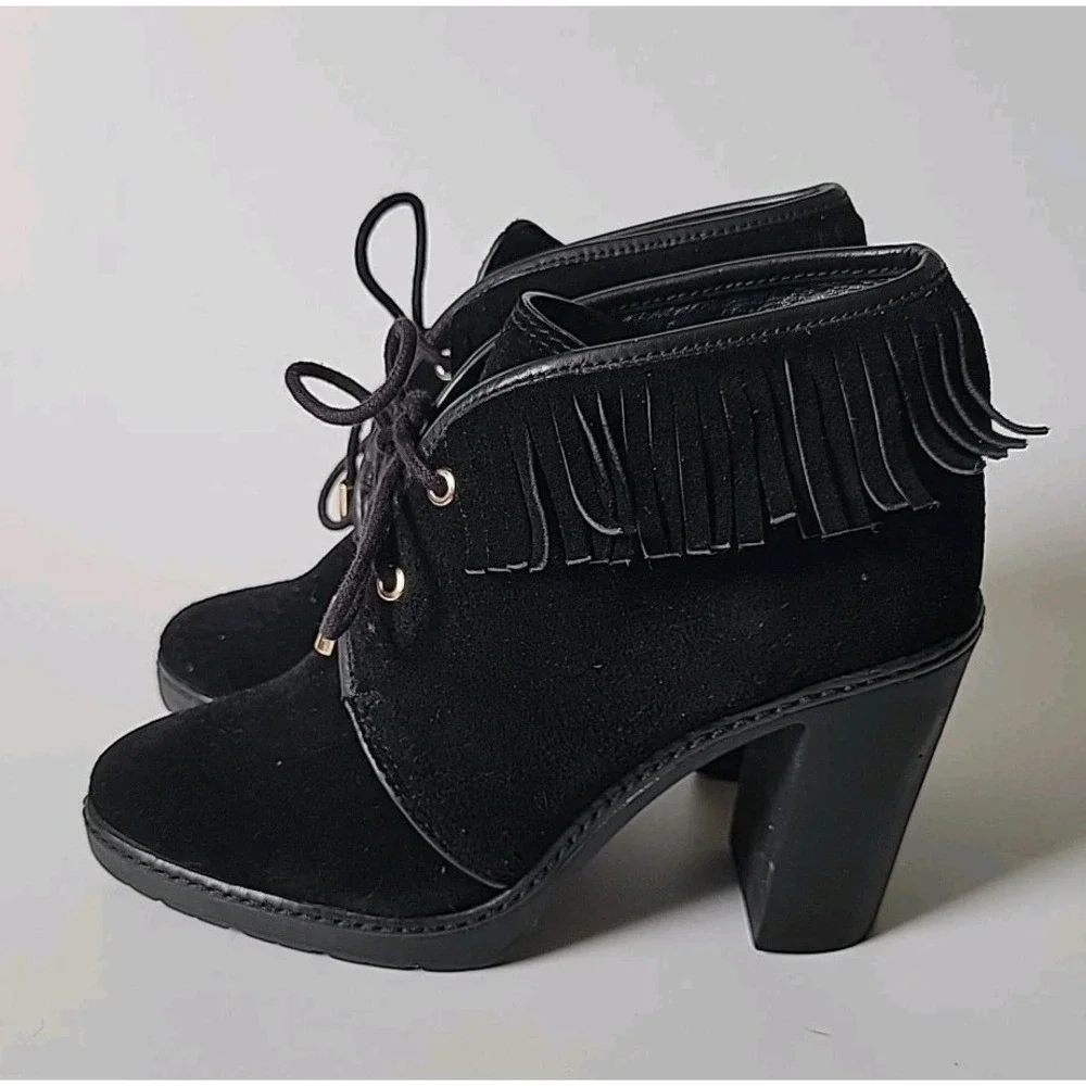 Tory Burch Hillary Fringed Suede Shearling‎ Lace Up Heeled Ankle Boots 8M Boho