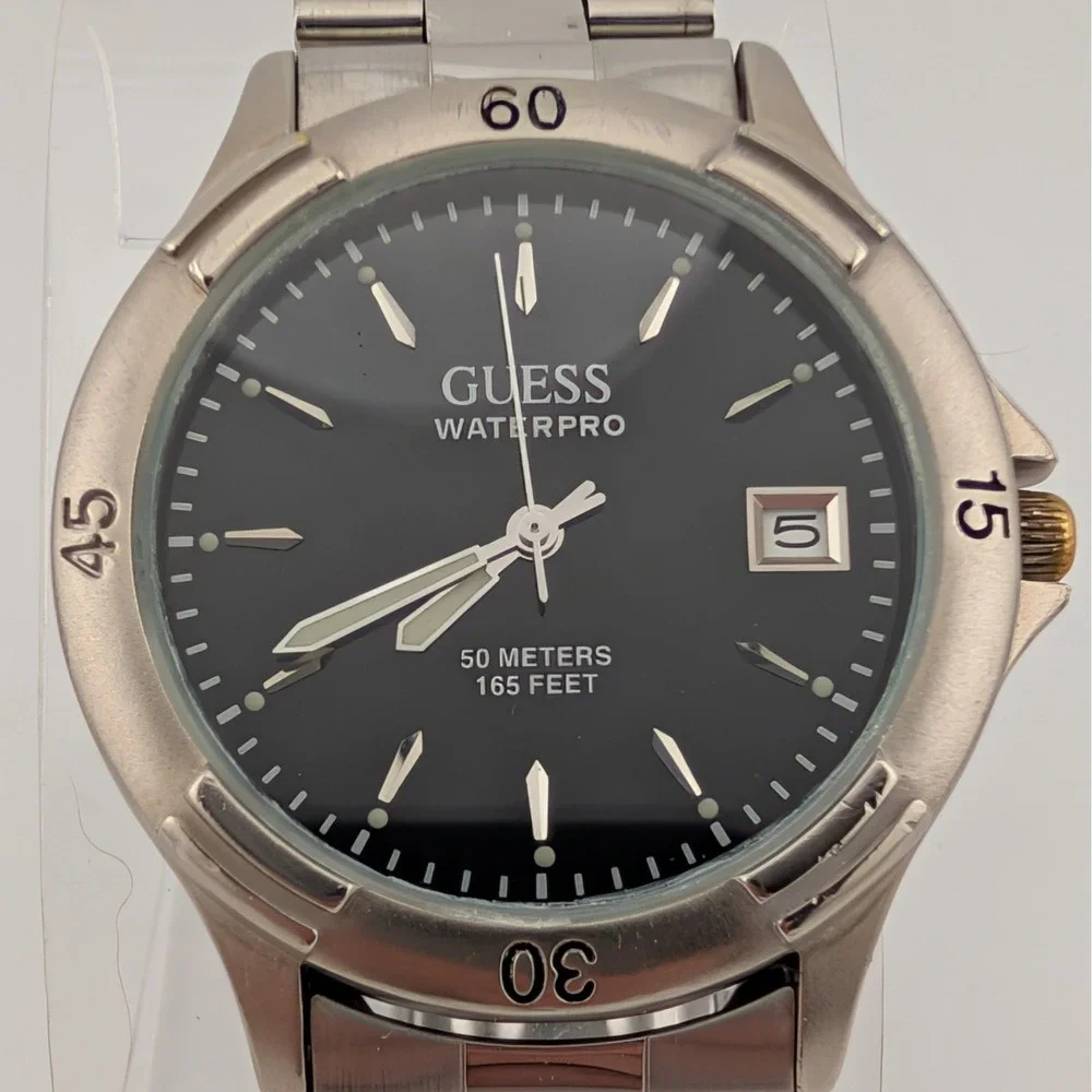 Guess Waterpro 50M Black Dial Date SS Quartz Watch Comfort Extension