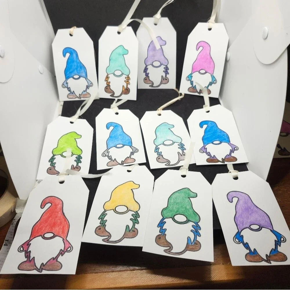 Hand Crafted Colorful Gnome Gift Tags Thank You Cards Set of 12