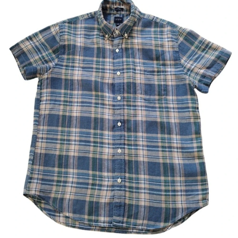 J. Crew Button Down Shirt Man‎ L Green Blue Plaid Short Sleeve Linen Blend Slim