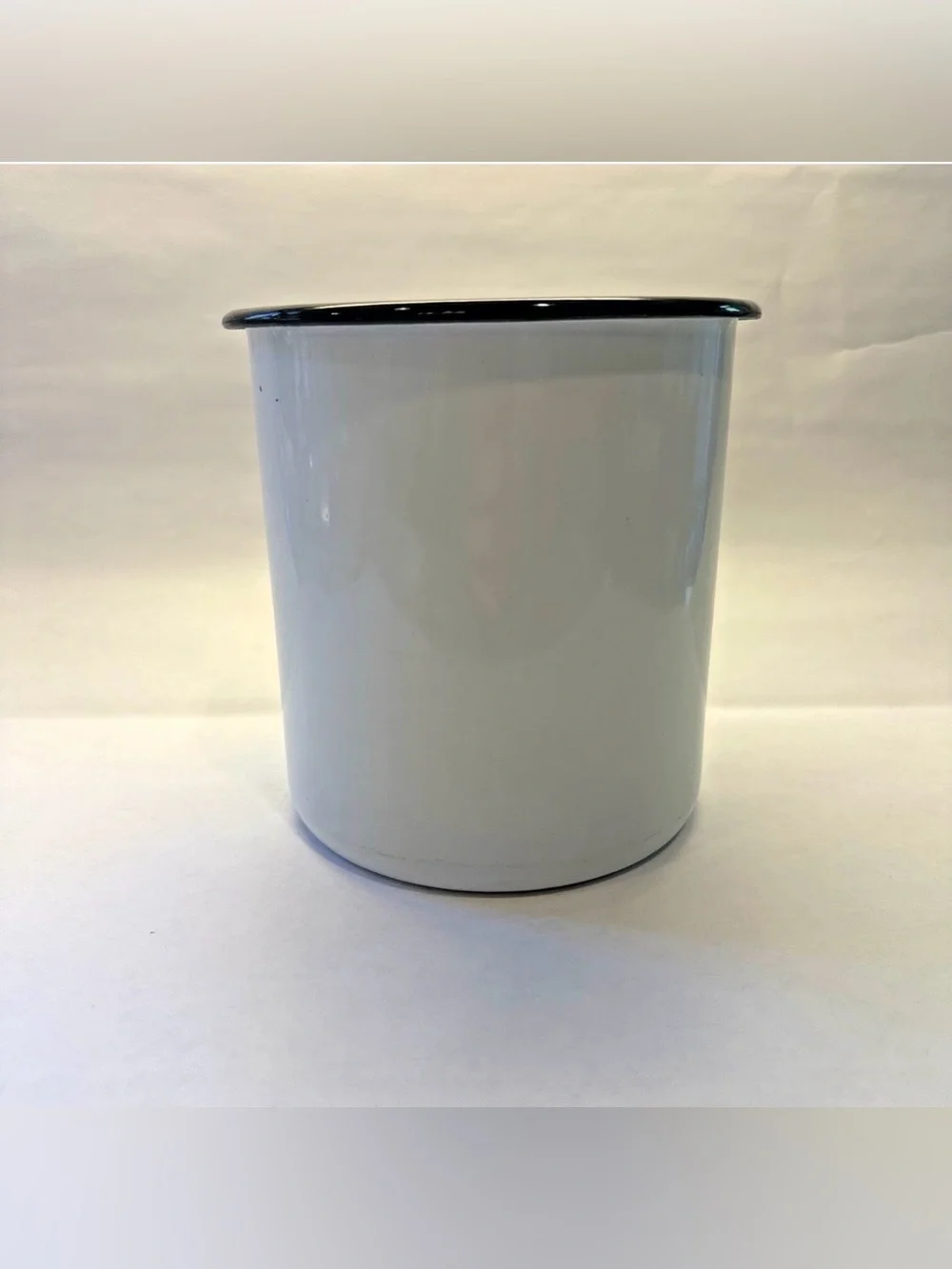 Vintage White Enamel Utensil Holder Crock Black Rim French Country Cottage 6