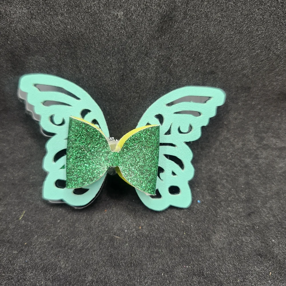 Hand Crafted Green Glitter Butterfly Hair Clip Bow Barette Faux Leather