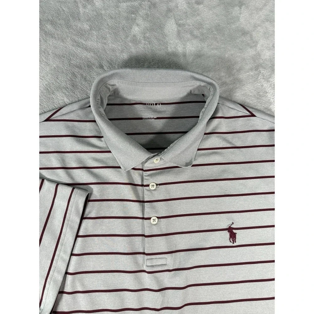 Polo Ralph Lauren Shirt Men's XL Grey Burgundy Striped Performance Polo