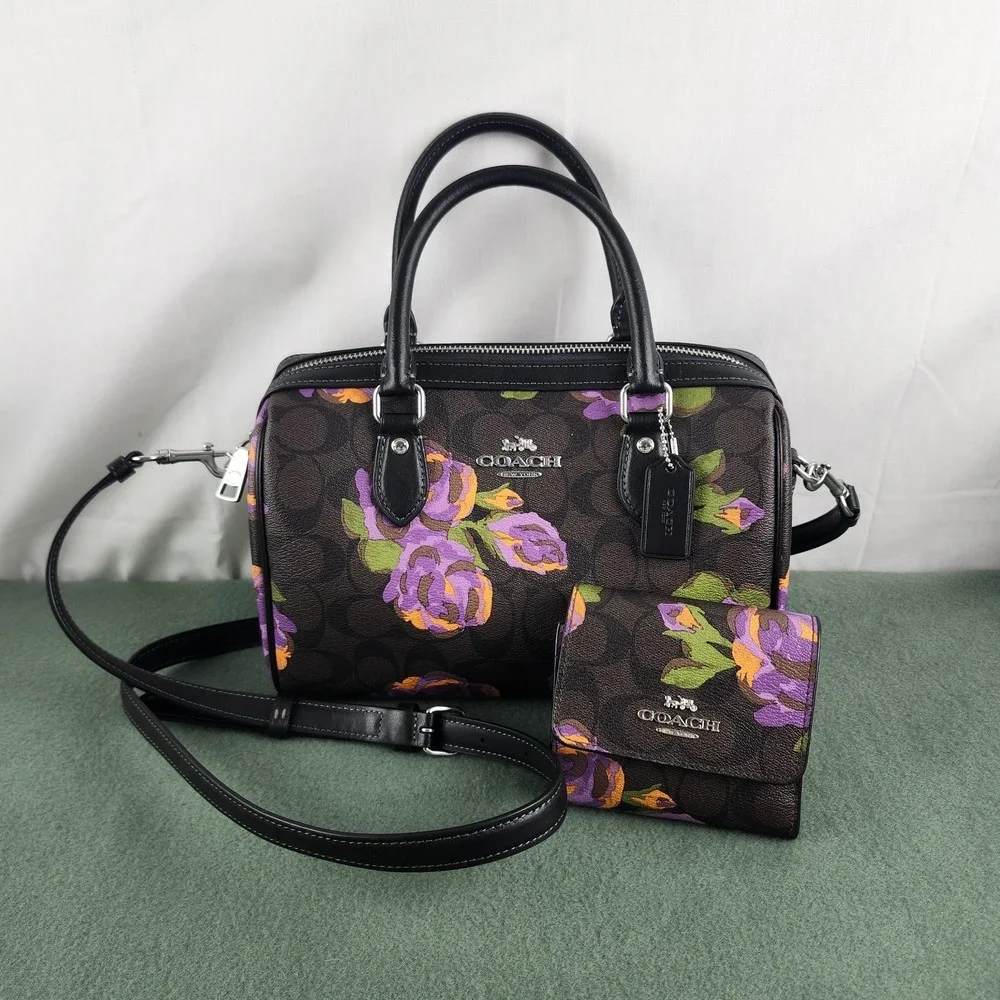 Coach Rowan Satchel Crossbody Bag Leather Rose Floral Print & Medium Wallet