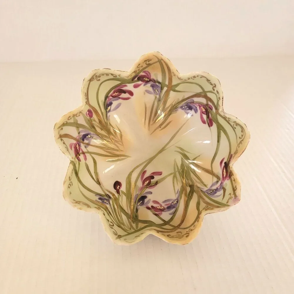 Antique Hand Painted Porcelain Footed Bowl w/ Purple Irises & Gold Gilding