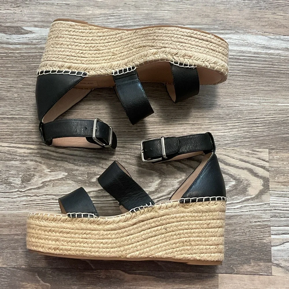 Antonio Melani Bayshore Leather Black Tan Strappy Wedge Platform Sandal 10