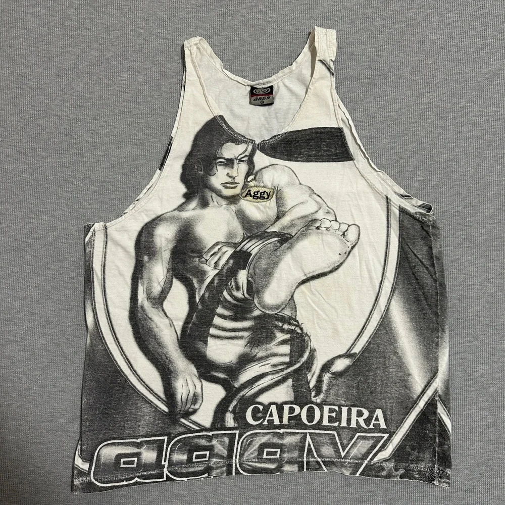 Y2K Aggy Capoeira Martial Arts AOP Graphic Tank Top Faded White Black Mens Large