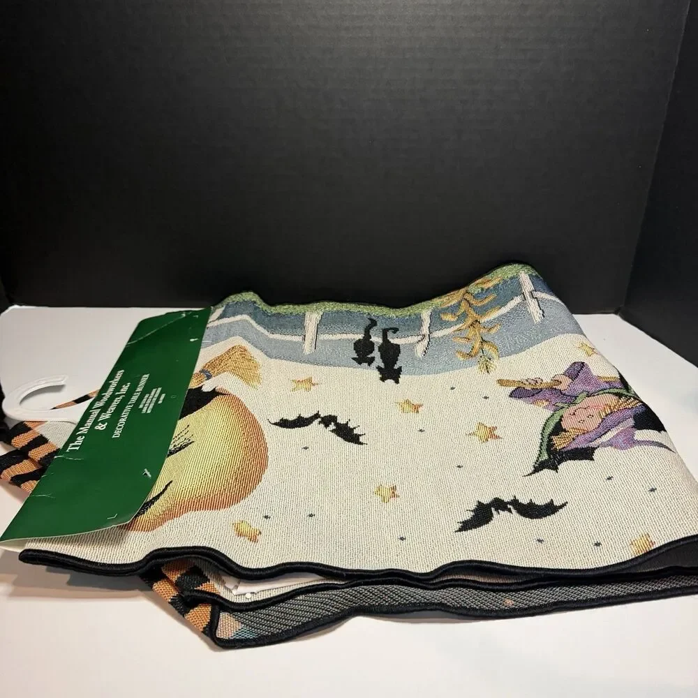 Vintage Halloween Tapestry Table Runner Night Scence with Witches NWT