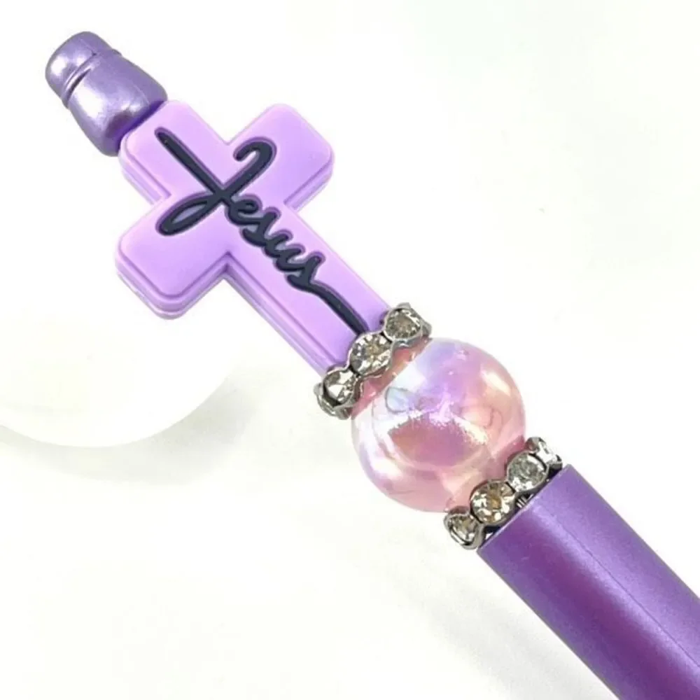 Jesus cross Christ Christian handmade pen NEW beads rhinestone bling lavender pu